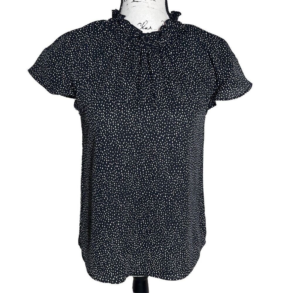 NWT Express Black Blouse Women's XS White Polka Dot Ruffle Short Sleeve Career